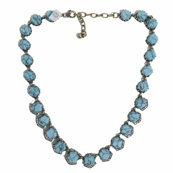 Art Deco Style Statement Necklace Goldtone Faux Turquoise & Clear Crystals 18" - Picture 3 of 4